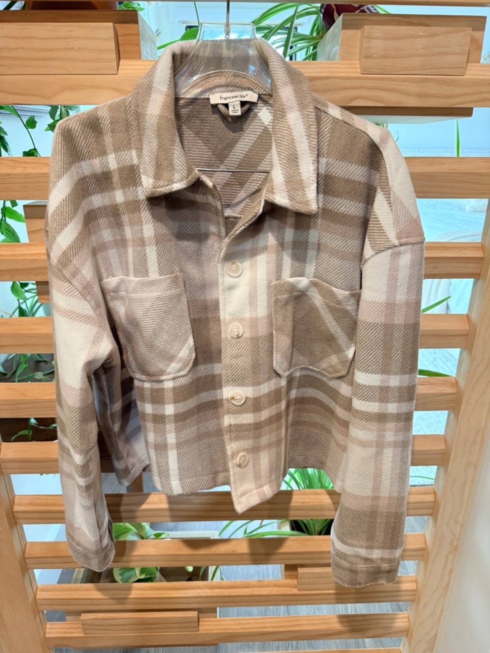 Francesca's Collections Taupe & Cream Plaid Button-Front Utility Shacket
